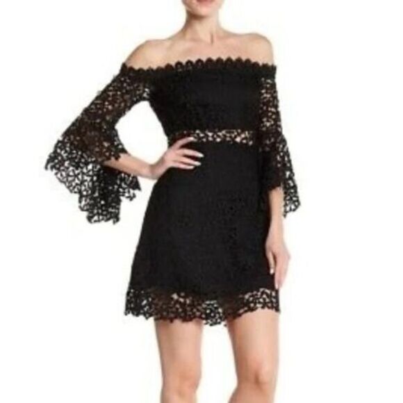 AMUR Dresses & Skirts - AMUR Off-the-Shoulder Black Lace Trim Mini Dress size 6